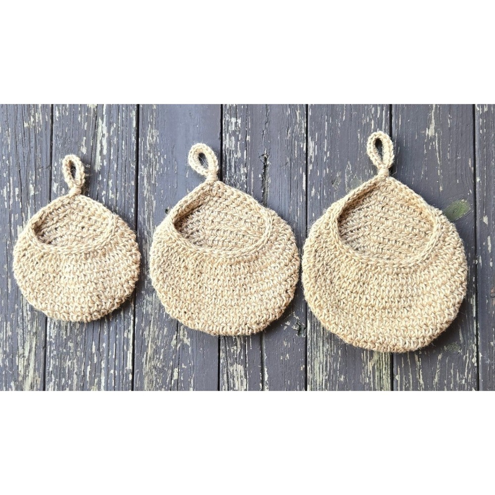 Vintage‎ Handmade Crocheted Jute Nesting Wall Hanging Pockets Baskets - Set of 3